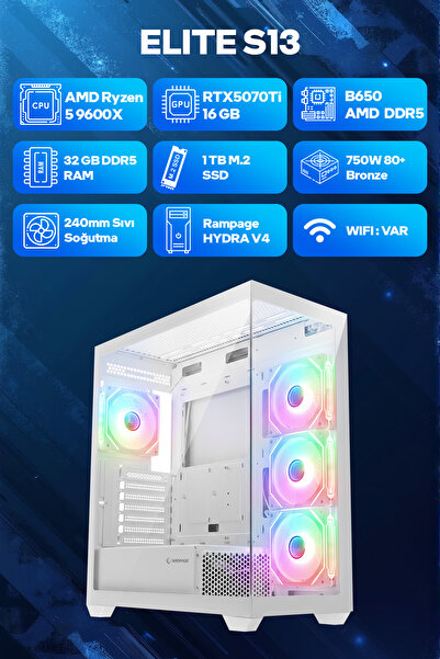 Game Garaj Elite S13 AMD Ryzen 5 9600X 32GB RAM 1TB SSD RTX5070Ti 240mm Sıvı Soğutma FreeDOS Oyuncu Tavsiye