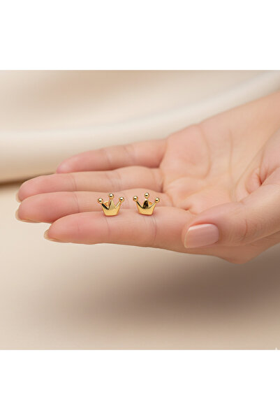 İNDİGO TAKI Minik Sade Kraliçe Tacı Altın Kaplama Gümüş Küpe