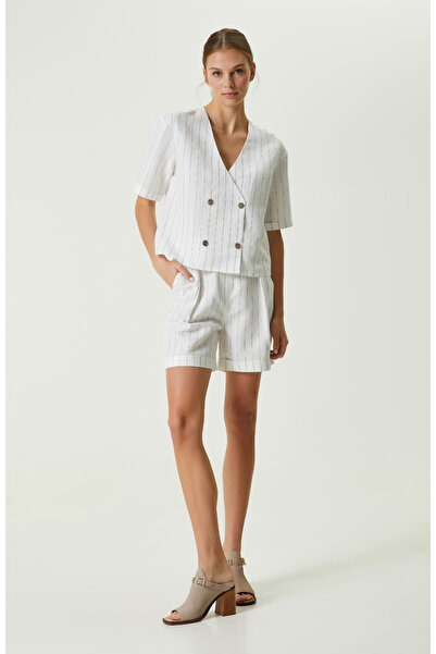 Network Beyaz Çizgili Yüksek Bel Şort