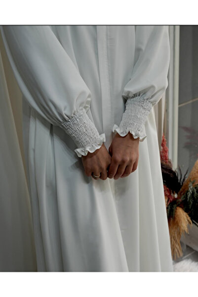 afife Medine İpeği Kırık Beyaz 3 lü Umre Hac Kıyafeti Ferace Takım ( Ferace,İçlik elbise,Şal)
