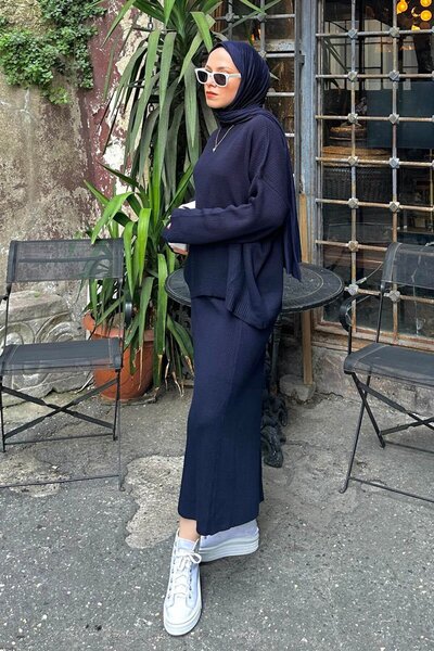 lamelif Navy Blue Ribbed Double Knitwear Set