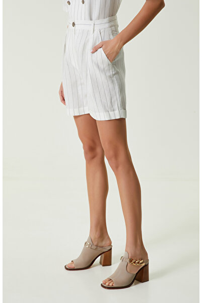 Network Beyaz Çizgili Yüksek Bel Şort