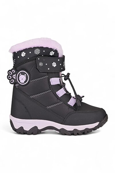 İmerShoes Günlük Kız Çocuk Siyah Kar Botu Cırtlı Bağcıklı Kürklü Desenli Kalın Tırtıklı Taban Bootie 014