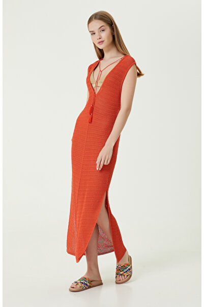 Network Turuncu V Yaka Ajur Örgülü Triko Plaj Elbisesi