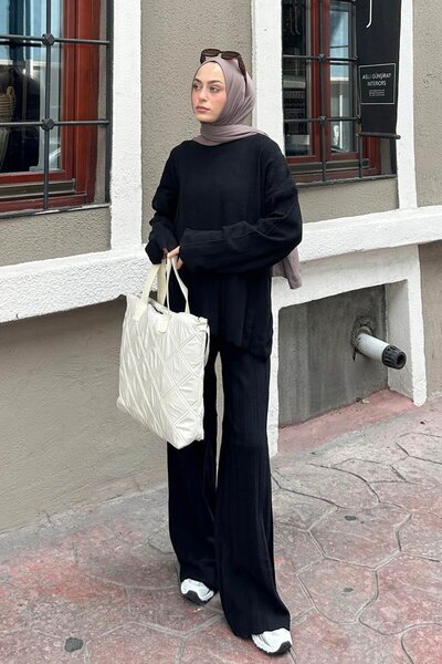 lamelif Ribbed Knitwear Hijab Set Black