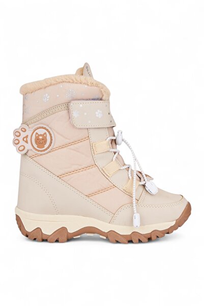 İmerShoes Günlük Kız Çocuk Bej Kar Botu Cırtlı Lastik Bağcıklı Kürklü Desenli Kalın Tırtıklı Taban Bootie 014