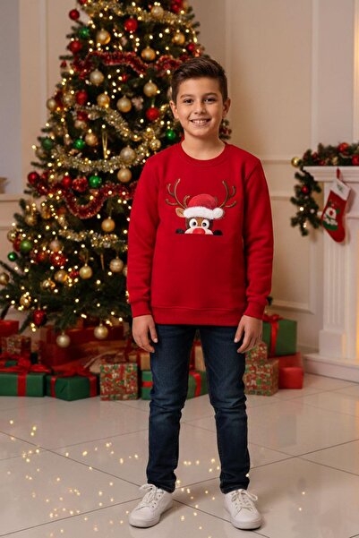 NEWKİDS Детска суитшърт с червен елен мотив, подплатена с шерпа, унисекс, памук
