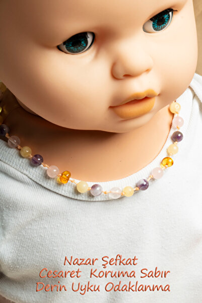 Boas Sertifikalı Bebek Kehribar Kolyesi – Kehribar, Pembe Kuvars, Kalsit ve Ametist Taşı Kombinasyonu