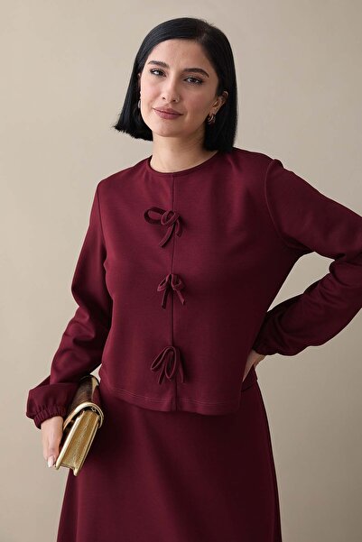 InStyle Modal Ribbon Detail Skirted Burgundy Suit