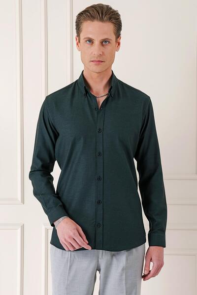 Efor Slim Fit Düğmeli Yaka Dokulu %100 Pamuk Klasik Siyah Gömlek Gk 724