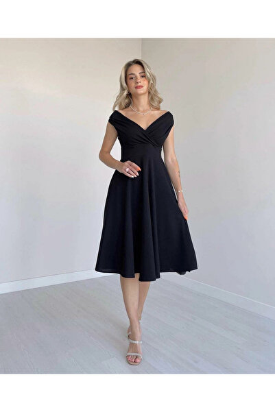 BÜŞRA TEZEL MODA Women's Short Sleeve Double Breasted Collar Skirt Flounce Crepe Dress