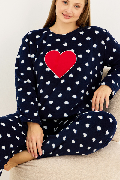 Siyah İnci Set de pijamale tricotate de iarnă din lână, cu model de inimă, brodat, de mărime mare