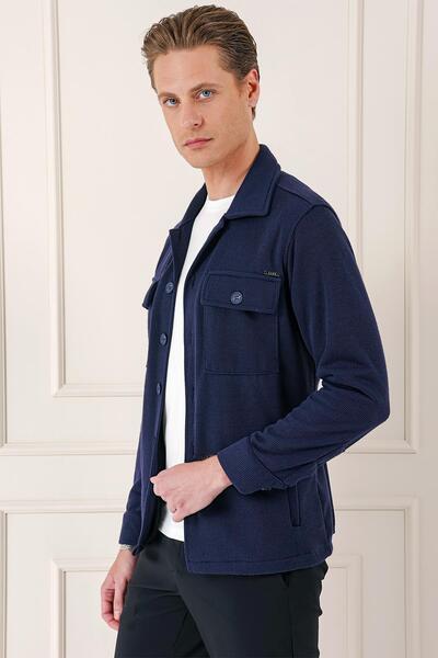 Efor Comfort Fit Kapaklı Cep Fitilli Dokuma Esnek Pamuk Lacivert Gömlek Ceket G 1561
