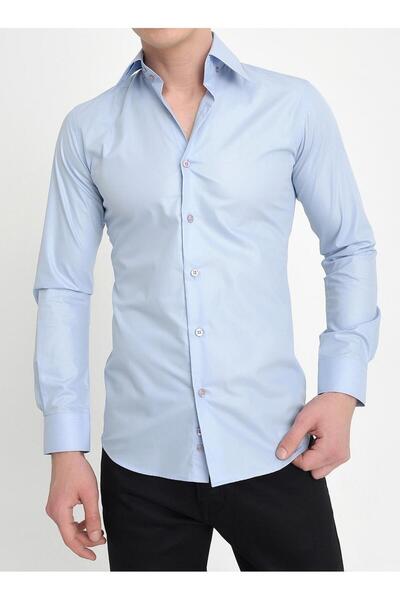 Efor Slim Fit Dik Yaka Pamuk Saten Uzun Kol Klasik Açık Mavi Gömlek G 565