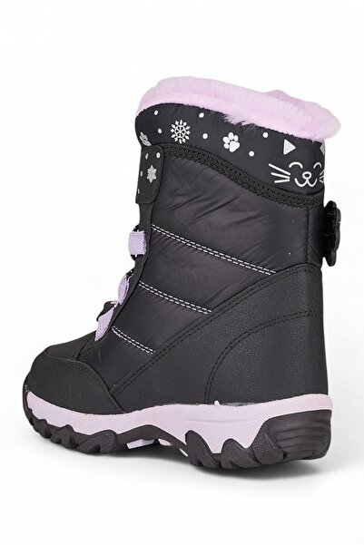 Nstil Κοριτσίστικες μαύρες μπότες χιονιού - Velcro, κορδόνι και γούνινο σχέδιο, μποτάκι με χοντρή οδοντωτή σόλα 014