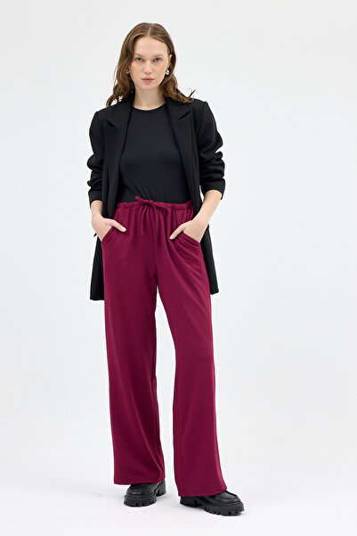 Rays Pantaloni de damă cu picioare largi, cu talie elastică, roșu claret 8194A