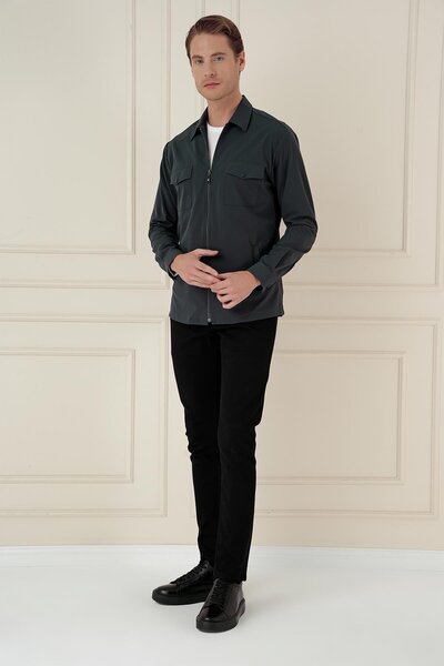 Efor Önden Fermuarlı Yan Cepli Esnek Pamuk Yeşil Ceket Gömlek G 1582