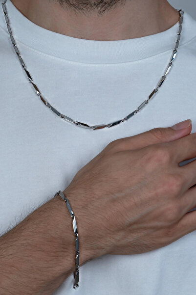 Igen Aksesuar Küp Üçgen Model Erkek Çelik Zincir Kolye Bileklik Set