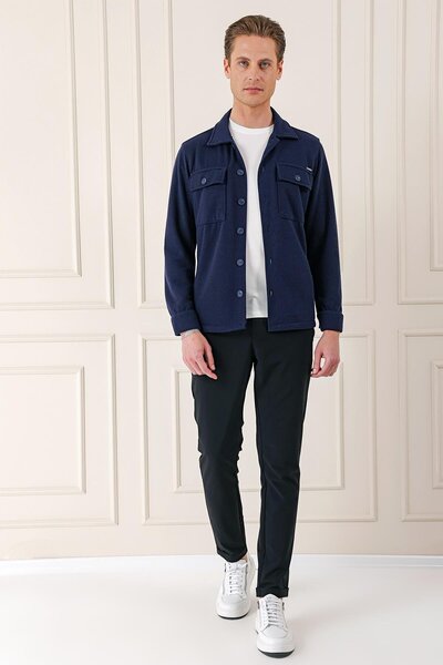 Efor Comfort Fit Kapaklı Cep Fitilli Dokuma Esnek Pamuk Lacivert Gömlek Ceket G 1561