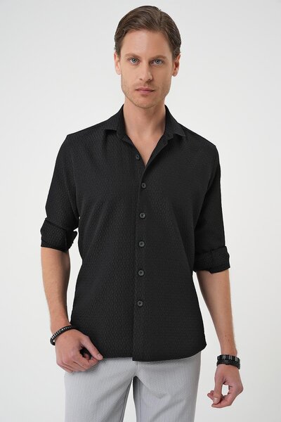 Efor Slim Fit Gofre Kumaş Desenli Kısa Kol Siyah Gömlek G 1592