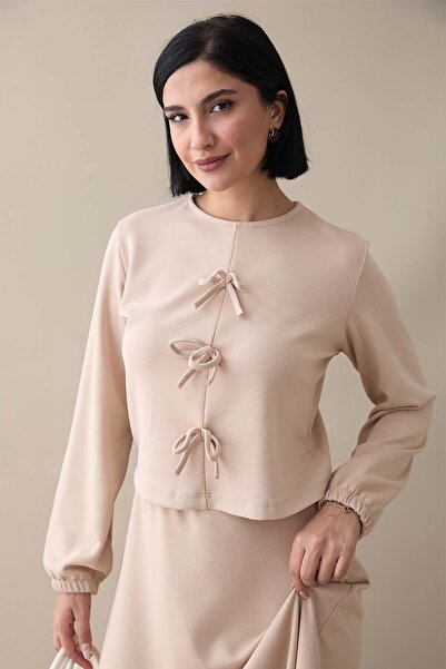 InStyle Σετ ανοιχτό μπεζ με φούστα με λεπτομέρεια με κορδέλα