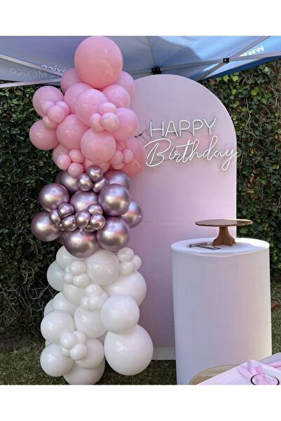 Parti Düşleri 8 Beyaz - Makaron Pembe - Krom Pembe Altın Doğum günü Balon Zin...