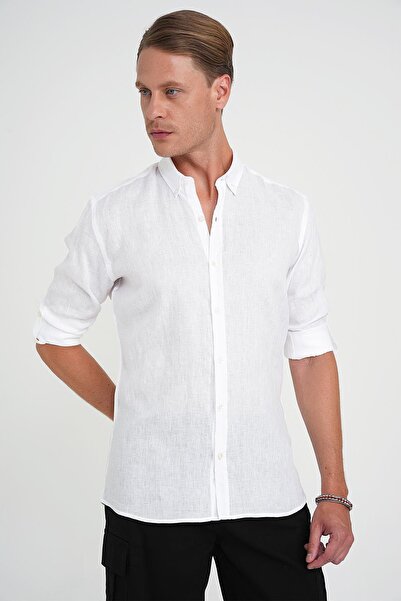 Efor Comfort Fit Düğme Yaka Katlanır Kol %100 Keten Düz Beyaz Gömlek G 1595