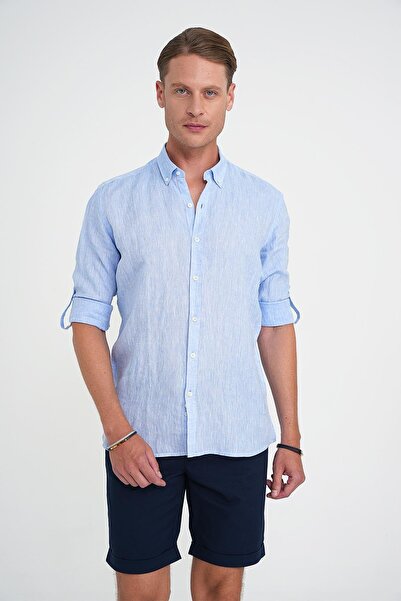 Efor Comfort Fit Düğme Yaka Katlanır Kol %100 Keten Düz Mavi Gömlek G 1595
