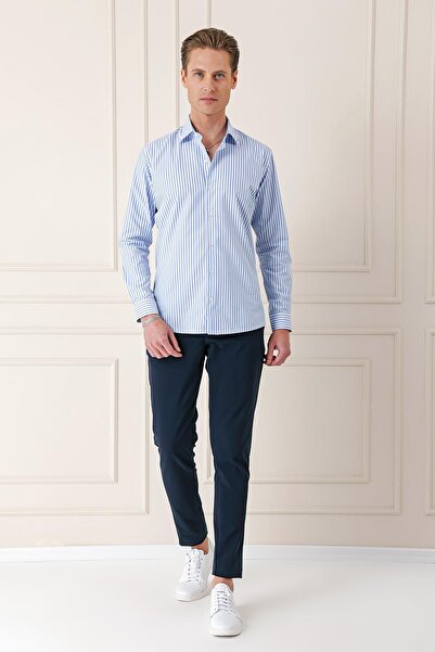 Efor Slim Fit Dikine Çizgili %100 Pamuk Klasik Mavi Beyaz Gömlek Gk 721