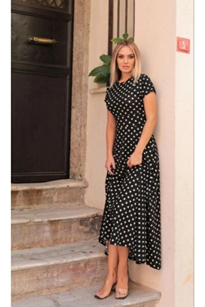 Genel Markalar Kadın Kısa Kollu Bisiklet Yaka Puantiyeli Maksi örme Krep Elbise