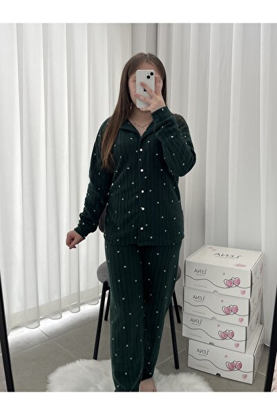 Lena Homewears Zümrüt Kalp Desenli Düz Polar Pijama Takımı