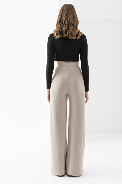 Alos Kadın Bej Modal Bol Paça Çımalı Yüksek Bel Yumuşak Dokulu Beli Lastikli Likralı Pantolon