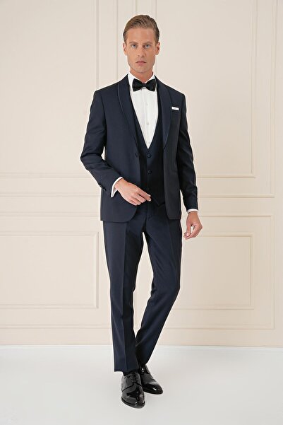 Efor Black 078 Slim Fit Çıkarılabilir Saten Yaka Cerutti Kumaş Yelekli Lacivert Damatlık Smokin Takım