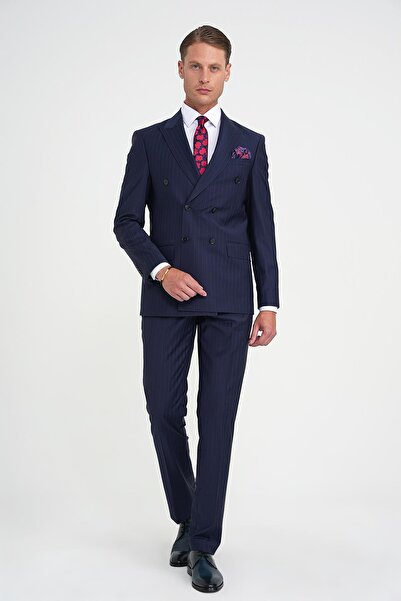 Efor Slim Fit Çift Yırtmaç Çizgili Kruvaze Klasik Lacivert Takım Elbise Tk 925