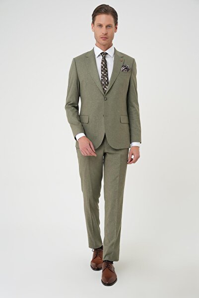 Efor Slim Fit Çift Yırtmaç Keten Karışımlı Yelekli Klasik Haki Takım Elbise Tk 914