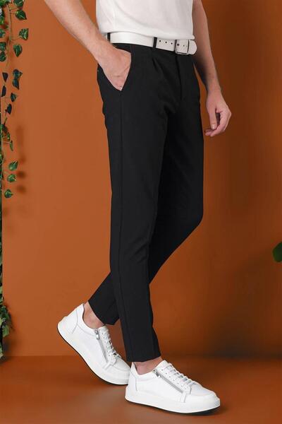Efor Comfort Fit Gofre Kumaş Pileli Pamuk Casual Siyah Pantolon P 1148