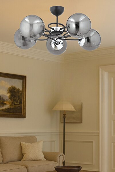 ESSLİGHT Narin 5 Li Plafonyer Avize Füme Glob Camlı Modern Dekoratif Aydınlatma