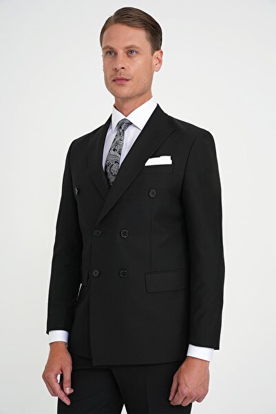 Efor Slim Fit Çift Yırtmaç Kruvaze Klasik Siyh Takım Elbise Tk 919