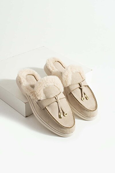 diclepolat Papuci de damă, bej, din piele de căprioară, cu pene, slip-on, Pufi