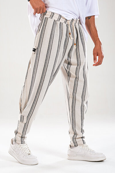 COCOPELLI Erkek Keten Baggy Pantolon Gri-Bej Çizgi Detaylı