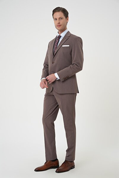 Efor Slim Fit Esnek Çift Yırtmaç Yelekli Düz Klasik Vizon Takım Elbise Tk 901