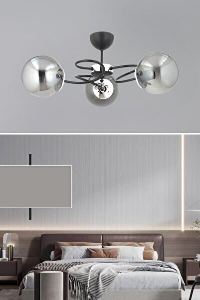 ESSLİGHT Narin 3 Lü Plafonyer Avize Füme glob Camlı Modern dekoratif aydınlatma