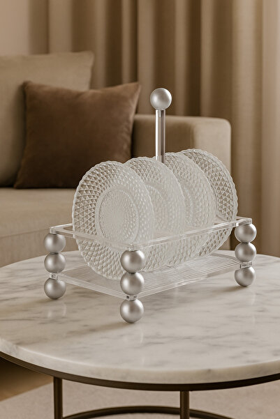 Dania Set of 6 glass dishes for desserts, nuts, and all occasions, with acrylic stand and silver balls, size 15.