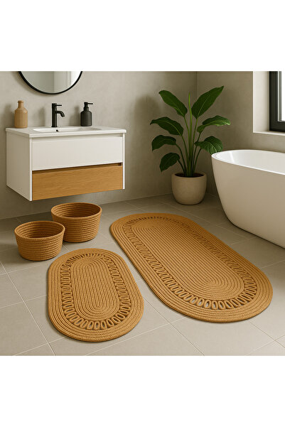 MaVaux Terra 4-Piece Bathroom Set – 2 Oval Mats & 2 Oval Baskets, Natural Rope Weaving, Handmade - Premium