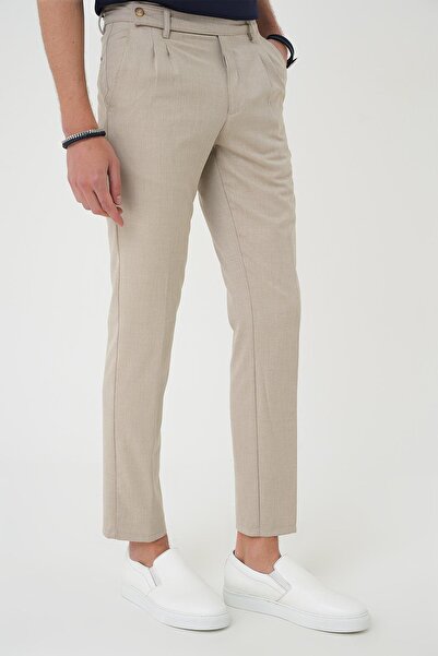 Efor Comfort Fit Çift Pileli Dokulu Esnek Pamuk Bej Pantolon P 1158