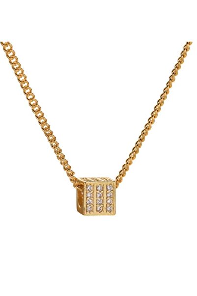 huitich قلادة مكعبة ذهبية اللون مع تفاصيل أحجار الراين