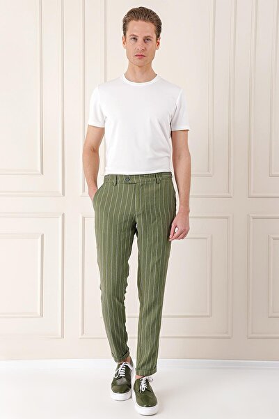Efor Comfort Fit Yandan Tokalı Çizgili Keten Casual Haki Pantolon P 1151