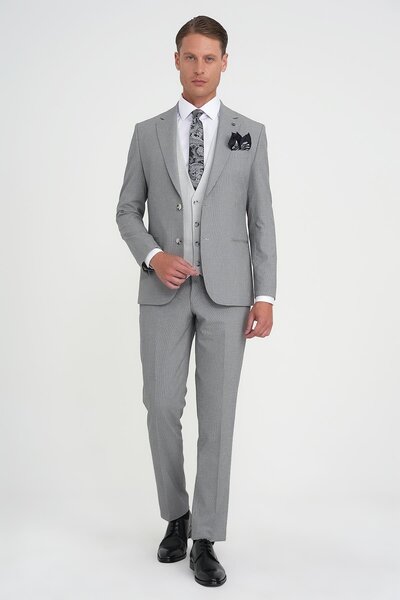 Efor Slim Fit Fleto Cep Pötikare Desenli Yelekli Siyah Takım Elbise Tk 922
