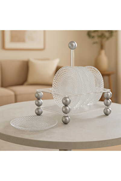 Dania Set of 6 glass dishes for desserts, nuts, and all occasions, with acrylic stand and silver balls, size 15.
