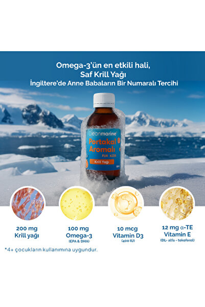 Cleanmarine Çocuklar İçin Omega 3 Krill Yağı – Portakal Aromalı Sıvı Takviye 150 ml